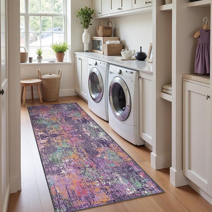 RELEANY Washable Area Rugs 2'x8' Non-Slip Modern Abstract Soft for Living Room Entryway Bedroom Nursery, Print Pattern, Purple Orange Blue Green Rust Red Colorful