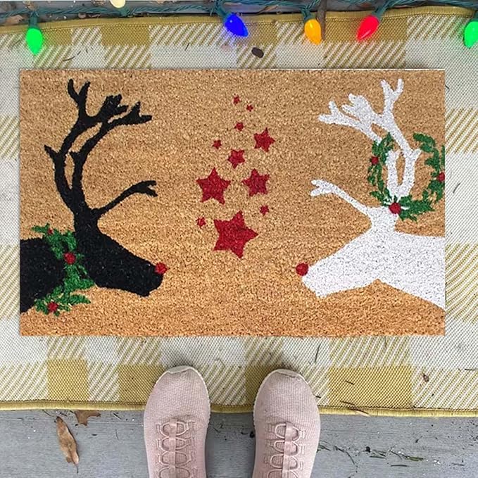 Reindeer Christmas Door Mat, Xmas Rug Christmas Decorations, Non-Slip Reindeer Welcome Doormat for Front Door, Indoor Outdoor Holiday Rug for Home Kitchen Floor Christmas Decor 16 X 24 Inch