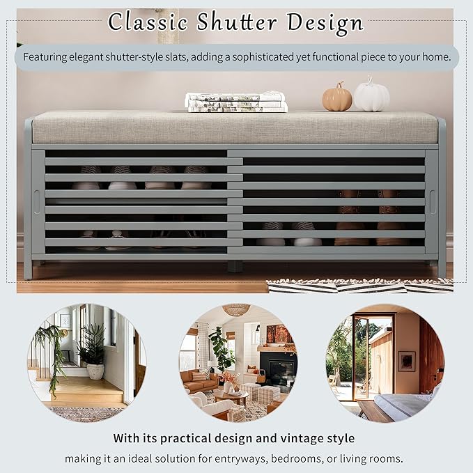 Knocbel Entryway Storage Bench with Sliding Doors and 1 Shelf, Living Room Entrance Hallway Foyer Shoe Bench Bedroom End of Bed Bench, 220lbs Weight Capacity (Retro Grey 2-Door)