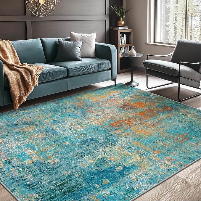 RELEANY Washable Area Rugs 10'x14 Non-Slip Modern Abstract Soft for Living Room Entryway Bedroom Nursery, Print Pattern, Teal Blue Green Orange Rust Red Coloreful