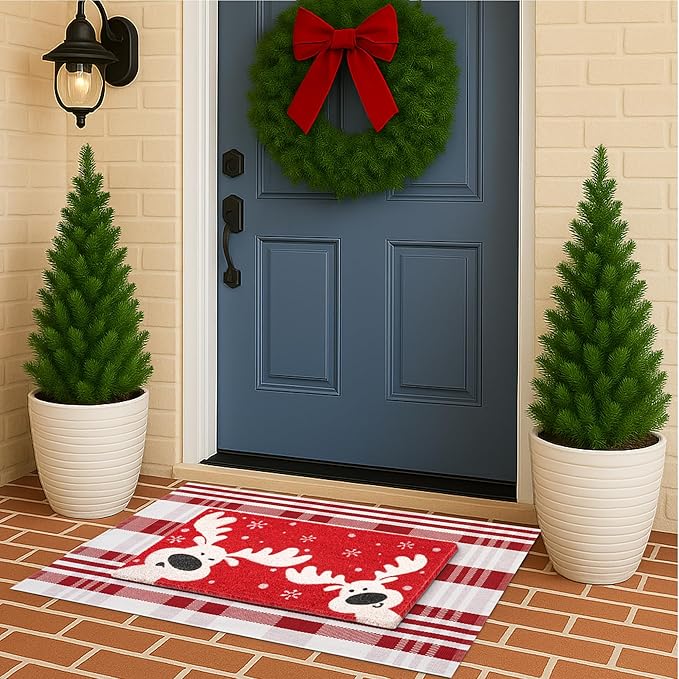 2-Piece Christmas Door Mat Combo Set - Reindeer Coir Doormat 17"x30" + Red & White Plaid Rug 28"x43", Layered Front Door Decor for Porch/Entryway, Natural Coir with PVC Backing