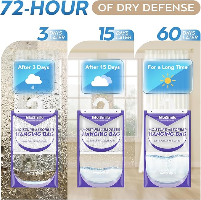 Hanging Moisture Absorbers 6 Pack Net Wt. 17.5oz/Pack, Lavender Fragrance Closet Dehumidifier Bags, Odor Eliminator & Humidity Absorber, Humidity Packs for Bathroom, Bedroom, Basement, Car, RV & Boat