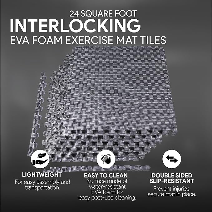 BalanceFrom Puzzle Exercise Mat 1' Thick, EVA Interlocking Foam Floor Tiles for Home Gym, Mat for Home Workout Equipment, Floor Padding for Kids, Gray, 24 in x 24 in x 1 in, 24 Sq Ft - 6 Tiles