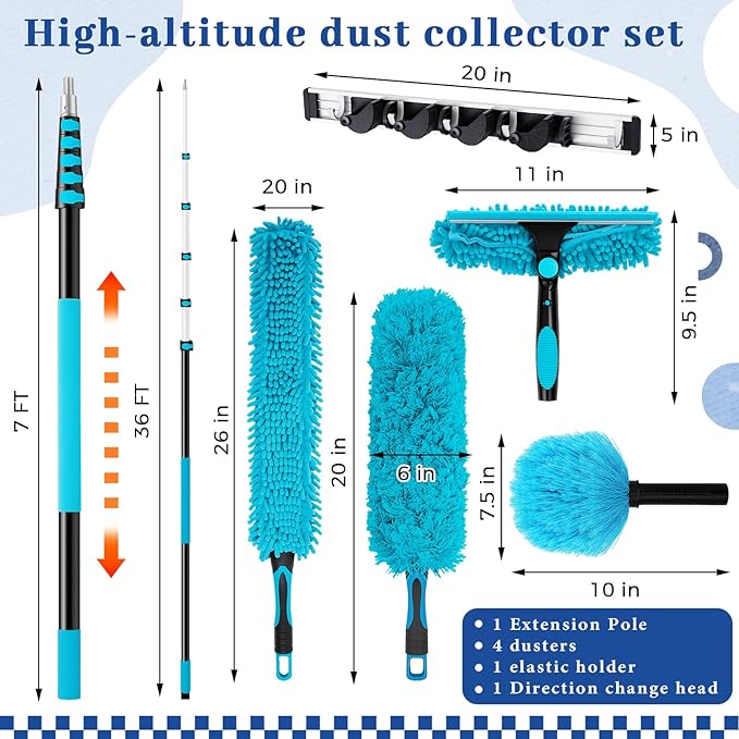 42ft Extra Long High Ceiling Duster with Extension Pole, Long Reach Cleaning Kit for Ceiling Fans, Windows & Cobwebs, Telescoping Pole with 6 Attachments for Home Church Warehouse Cleaning