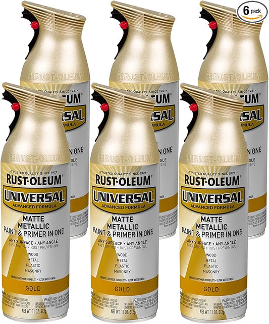 Rust-Oleum 387992-6PK Universal All Surface Metallic Spray Paint, 11 oz, Matte Gold, 6 Pack