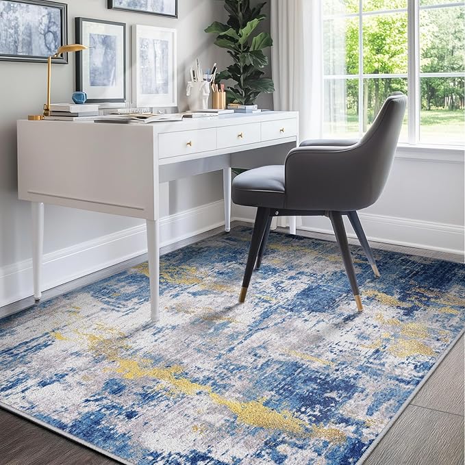 RELEANY Washable Area Rugs 8'x10' Non-Slip Modern Abstract Soft for Living Room Entryway Bedroom Nursery, Print Pattern, Grey Blue Gold/Golden