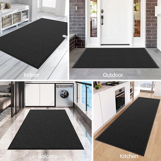 Front Door Mat, 5' x 4' Heavy Duty Indoor Outdoor Door Mat Entrance, Commercial Welcome Mats, Stain and Fade Resistant, Durable Rubber Backing, Low Profile Entry Mat for Patio, Black Stripe