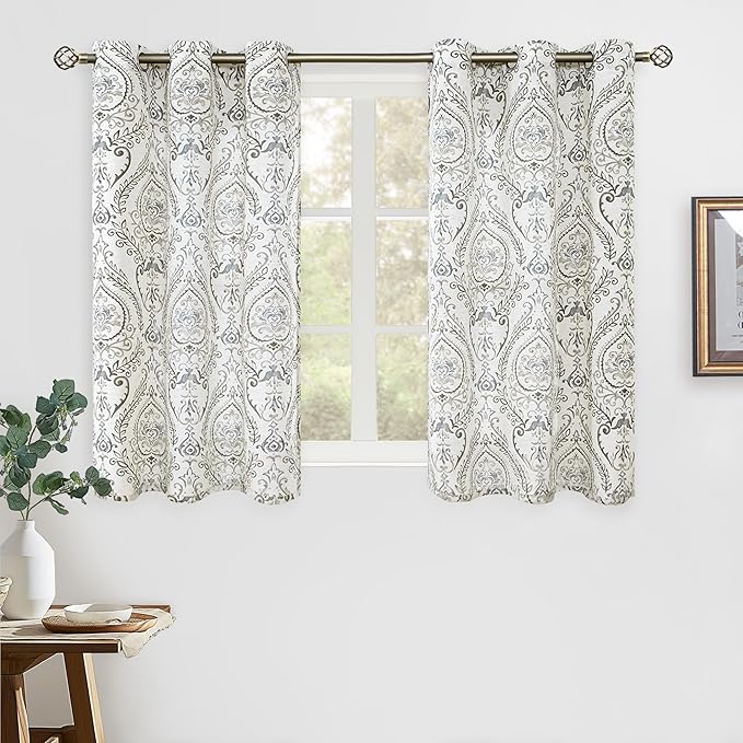LAMIT Cafe Linen Curtains 45 inch Length for Small Windows, Light Filtering Semi Sheer Linen Curtains Grommet Vintage Damask Flower Pattern Drapes for Kitchen, 2 Panels, 34 x 45 Inch, Grey