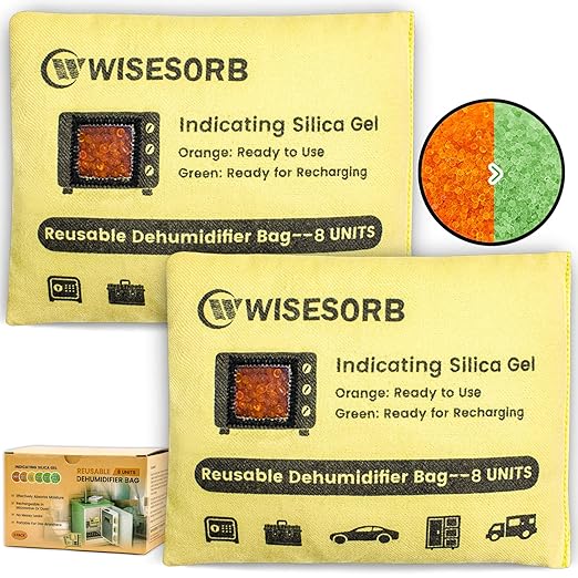 Wisesorb 240g×2 Packs Rechargeable Silica Gel Desiccant Packs with Clean Window, Color Indicating (Orange to Green) Reusable Moisture Absorbers for Storage, Closet, 3D Filaments, Electronics, Camera