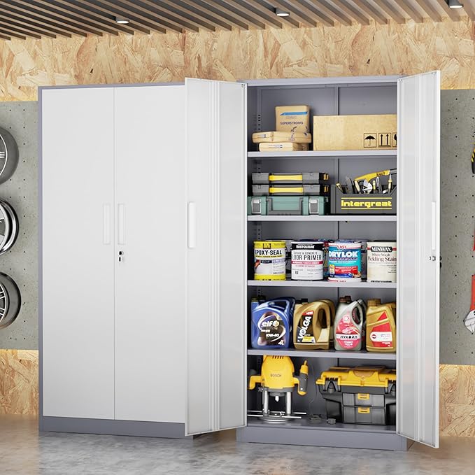 Bonusall 72" Metal Garage Storage Cabinet， Heavy-Duty Steel Cabinet with 2 Locking Doors & 4 Adjustable Shelves for Home, Office, or Workshop Organization(White Grey)