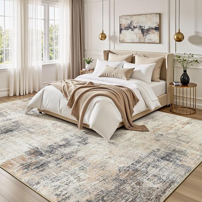 Lofus 10x14 Area Rug for Living Room,Gold Abstract Large Rugs with Non-Slip Backing, Neutral Modern Washable Carpet for Bedroom Dining Room Home Office Nursery Indoor
