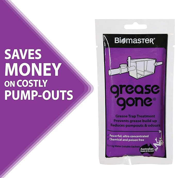 Biomaster Grease Gone Grease Trap Cleaner Treatment, Turns Fat, Oil and Grease to Water, Reduces Odors and Pump-Outs (2 Sachets)