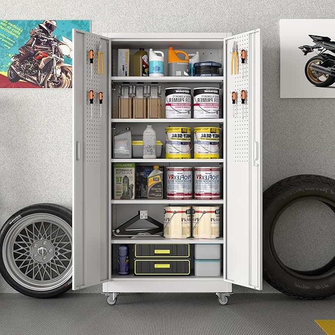 Reemoon Garage Storage Cabinet with Wheels and Pegboard, Metal Storage Cabinet with 5 Adjustable Shelves for Garage Warehouse Office Utility Room,Required Assembly,71" H×34" W×18" D,White