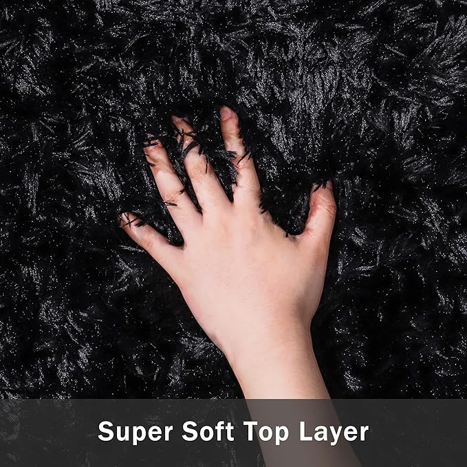 6x9 Area Rug for Living Room:Ultra Soft Fluffy Shag Black Rugs,Large Fuzzy Plush Indoor Non Slip Carpet Washable Rug for Bedroom Kids Nursery Office Dorm Modern Decor(Black 6'x9')