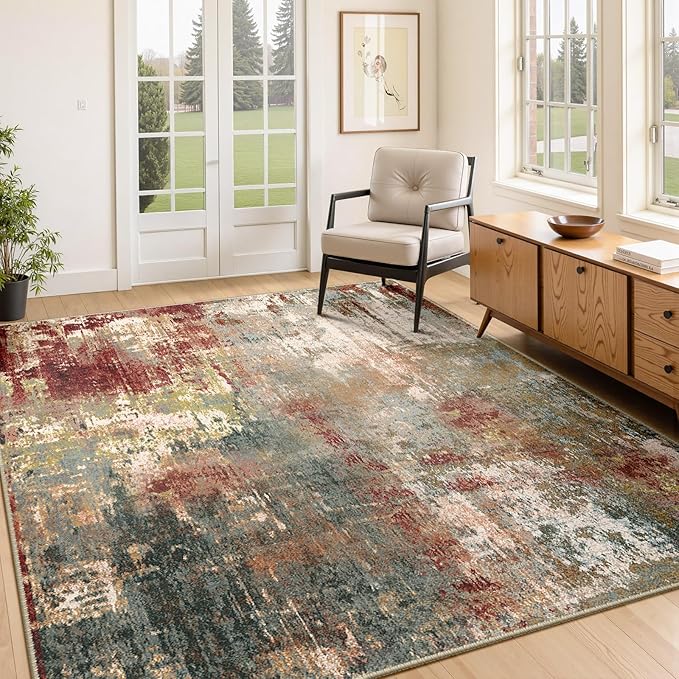 RELEANY Washable Area Rugs 4'x6' Non-Slip Modern Abstract Soft for Living Room Entryway Bedroom Nursery, Print Pattern, Brown Rust Red Green Blue Multi