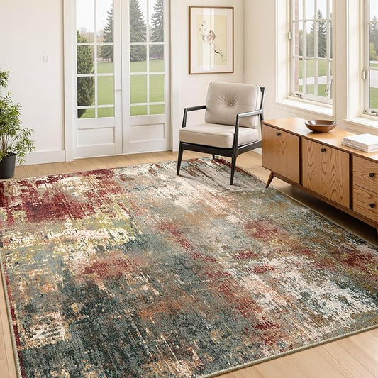 RELEANY Washable Area Rugs 4'x6' Non-Slip Modern Abstract Soft for Living Room Entryway Bedroom Nursery, Print Pattern, Brown Rust Red Green Blue Multi