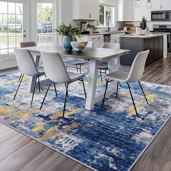 RELEANY Washable Area Rugs 6'x8' Non-Slip Modern Abstract Soft for Living Room Entryway Bedroom Nursery, Print Pattern, Grey Blue Gold/Golden