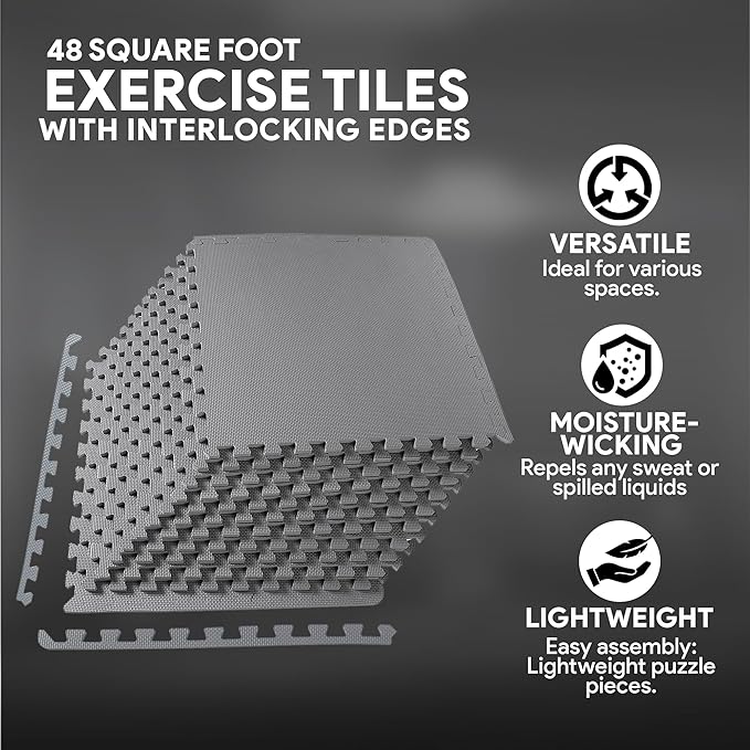 BalanceFrom Puzzle Exercise Mat 1/2' Thick, EVA Interlocking Foam Floor Tiles for Home Gym, Mat for Home Workout Equipment, Floor Padding for Kids, Gray, 24 in x 24 in x 1/2 in, 48 Sq Ft - 12 Tiles
