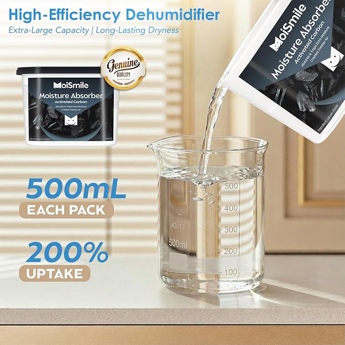 Moisture Absorbers 6 Packs, 10.8 Oz/ 300g Activated Charcoal Efficient Humidity Absorber ＆ Odor Absorber Boxes, Refillable Car Dehumidifier for Closet, Bathroom, Basement＆ RV