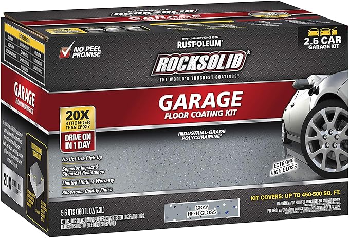 Rust-Oleum 293513 RockSolid Polycuramine Garage Floor Coating, 2.5 Car Kit, High Gloss Gray, 1 Count (Pack of 1)