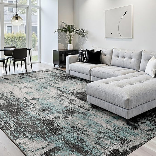 RELEANY Washable Area Rugs 9'x12' Non-Slip Modern Abstract Soft for Living Room Entryway Bedroom Nursery, Print Pattern, Blue Black Teal