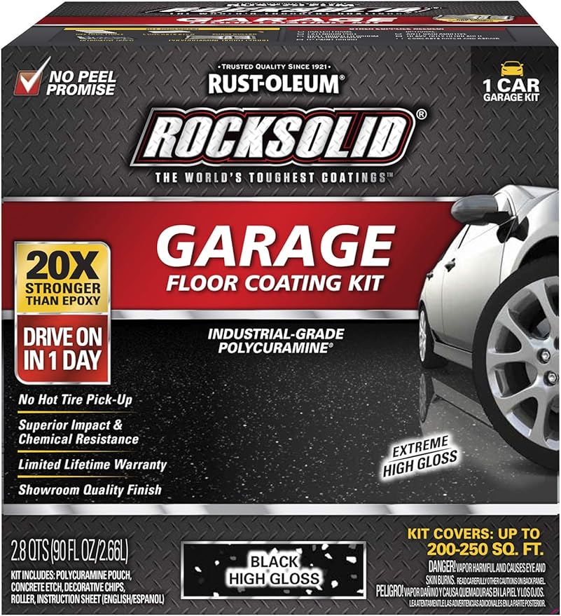 Rust-Oleum 318712 RockSolid Polycuramine Garage Floor Coating, 1 Car Kit, High Gloss Black