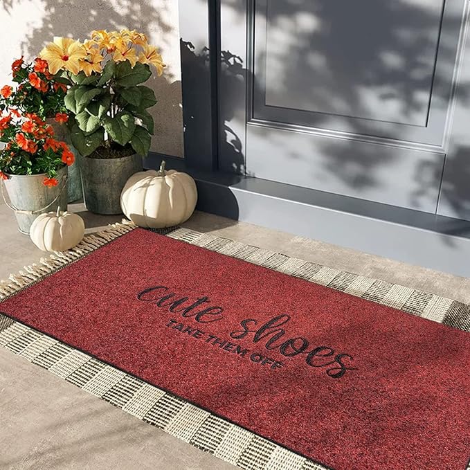 Outdoor Mats for Home Entryway Cute Shoes Take Them Off Outdoor Welcome Mats for Outside Entry, Front Indoor Door Mats,Durable,Boot Scraper,Catches Muddy and Dirt 18x48 Inches Red