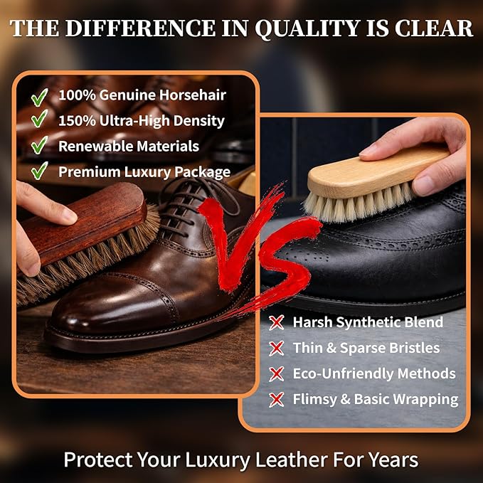 3pcs 7in 100% Horse Hair Shoe Brush for Leather Horsehair Brushes Boots Cleaning Polishing Buffing Shine Professional Cobbler Furniture Sneakers Care Set Suede Jackets Bags Seats Dusting Brushing Tool