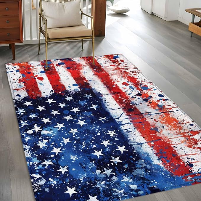 Mottled Red Blue White Stars Painted Flag Area Rugs 2.7'x5', Washable Area Rugs Non-Slip Indoor Floor Mats Carpet for Living Room Bedroom Dining Room