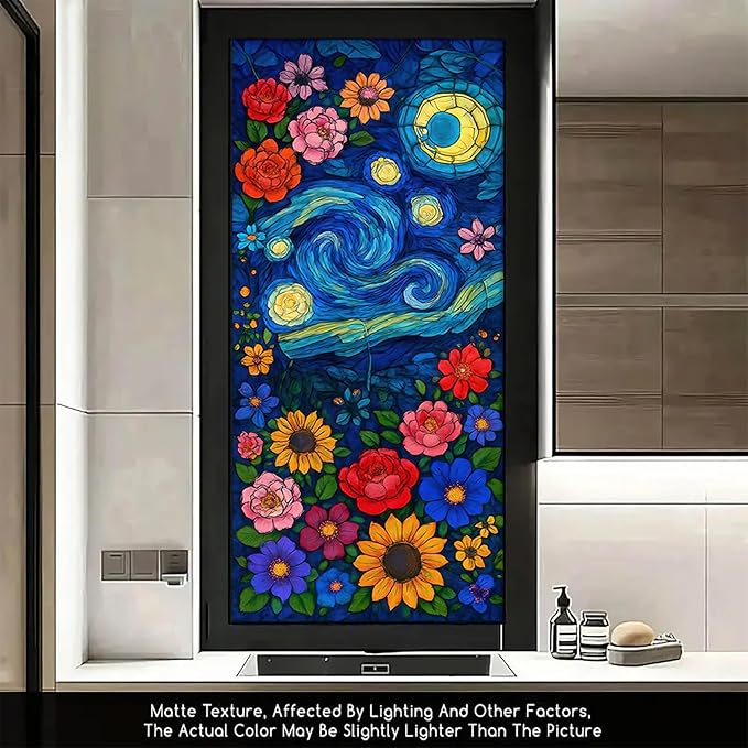 Starry Night Window Film Stained Glass Style Privacy Panel Static Cling Decorative Cover for Door Art Studio Sunroom Bedroom 17.7x39.3 inch