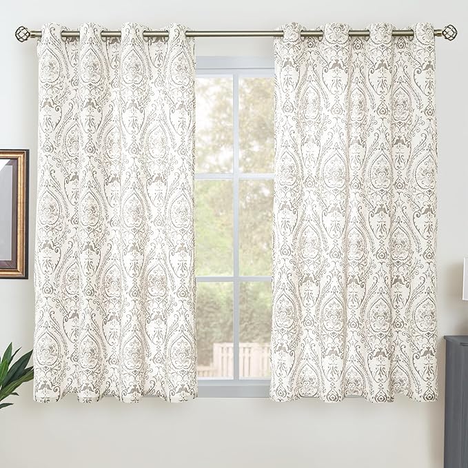 LAMIT Linen Curtains 54 inch Length 2 Panels for Living Room, Light Filtering Linen Sheer Curtains Grommet Vintage Damask Flower Pattern Window Drapes for Bedroom, 52 x 54 Inch, Taupe