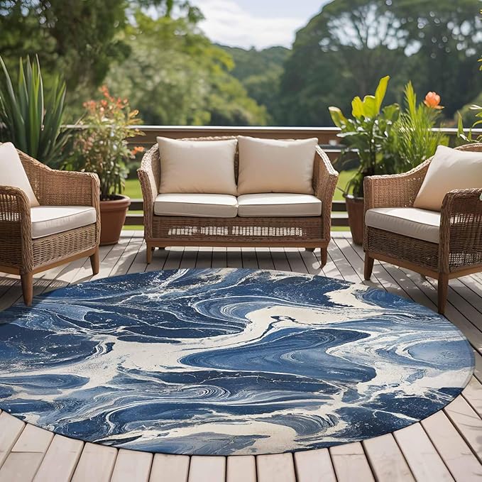 Impressionist Style Large Round Rug 7Ft, White Blue Blurred Wash Circle Area Rugs Washable Non Slip Indoor Floor Mats Carpet for Living Room Bedroom Dining Room Home Decor