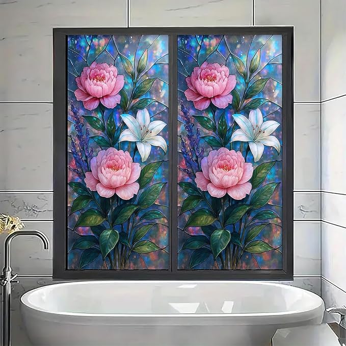 Peony Lily Window Film Dreamy Stained Glass Style Privacy Panel Static Cling No Glue Decorative Cover for Bedroom Door Studio Vanity 17.7x39.3 inch