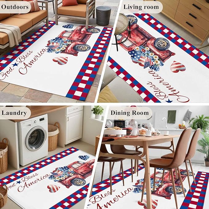 Red Truck USA Flag Stars Area Rugs 2.7'x5', God Bless America Washable Area Rugs Non-Slip Indoor Floor Mats Carpet for Living Room Bedroom Dining Room