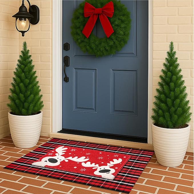 2-Piece Christmas Door Mat Combo Set - Reindeer Coir Doormat 17"x30" + Red Black White Check Rug 28"x43", Layered Front Door Decor for Porch/Entryway, Natural Coir with PVC Backing