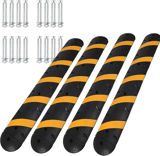 4 Pack 6FT Speed Bumps for Road, Heavy Duty 25,000 Lbs Capacity with 2 Channel Floor Cord Cover, 72" Parking Lot Speed Hump for Garage, Driveway, Warehouse - Includes Installation Parts, Black/Yellow