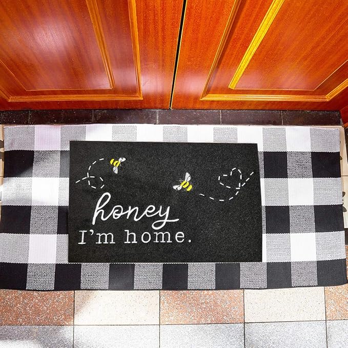 Welcome Mats for Front Door Kitchen Rugs Bee Honey I'm Home Cute Door Mat Indoor Porch Funny Outdoor Non Slip Durable Rubber Mats Black Floor Doormat for Outside Entry Farmhouse