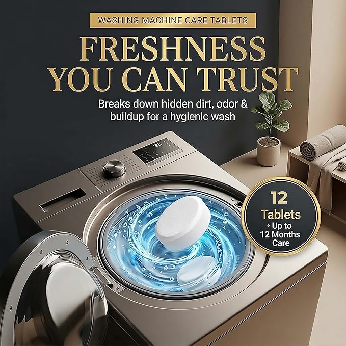 Washing Machine Cleaner Tablets | Eliminates Odors | Deep Cleans Washer Internals | Heavy Duty Descaler | Unscented | Compatible with HE Front Load & Top Load Washers | 12 XL Tablets (1 Year Supply)