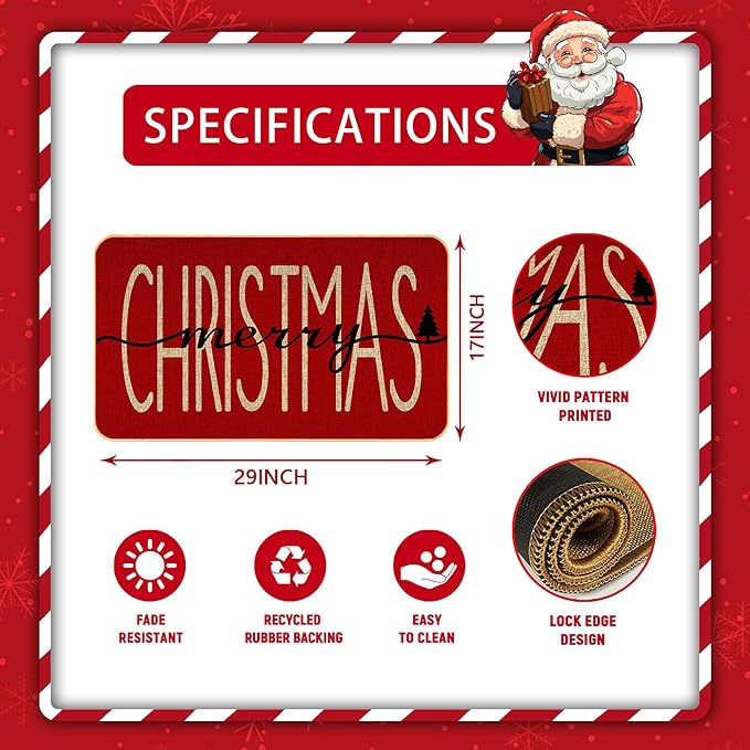 KORVITA Christmas Door Mat Merry Christmas Floor Mat Porch Decoration Mat Christmas Decoration Winter Anti-Slip Outdoor Indoor Low Profile Flax Floor Mat 17 x 29 Inch