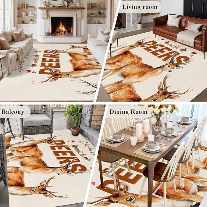 Beige Deer 6'x9' Large Area Rugs, Wildlife Animals Rustic Farmhouse Elk Rustic Farmhouse Washable Area Rugs Non-Slip Indoor Floor Mats Large Carpet for Living Room Bedroom Dining Room