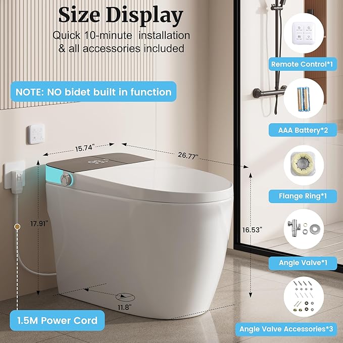 Smart Toilet with Heated Seat & Dual Auto Flush, Foot Sensor, Tankless One-Piece Electric Toilet with Manual Soft-Close Seat & Lid, Night Light, LED Display & 1000g Powerful Flush, 1.28GPF