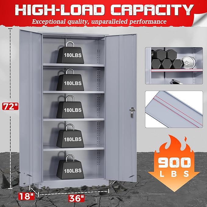 Bonusall 72" Metal Garage Storage Cabinet， Heavy-Duty Steel Cabinet with 2 Locking Doors & 5 Adjustable Shelves for Home