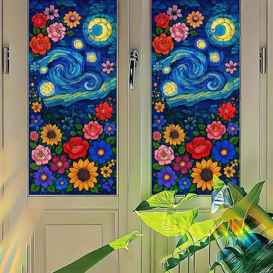 Starry Night Window Film Stained Glass Style Privacy Panel Static Cling Decorative Cover for Door Art Studio Sunroom Bedroom 17.7x39.3 inch