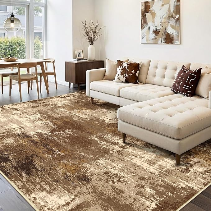 RELEANY Washable Area Rugs 10'x14 Non-Slip Modern Abstract Soft for Living Room Entryway Bedroom Nursery, Print Pattern, Brown Tan Beige Coffee
