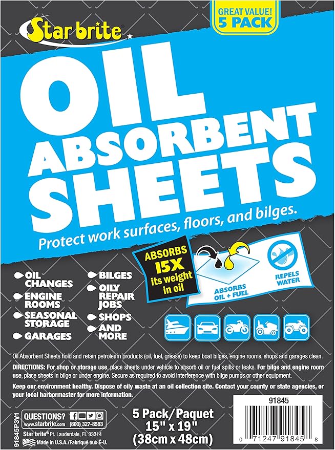 STAR BRITE High-Efficiency Oil Absorbent Sheets - Fuel and Grease Spill Cleaner for Shops, Boats, Engine Rooms - Reusable, Water-Resistant, Easy Disposal - Essential for Mechanics Workshops & Marinas