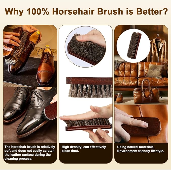 Professional 100% Horsehair Shoe Brush Premium Horsehair Dauber Applicators for Leather Shoes, Boots, Coats & Purses, Curved Handle for Comfortable Grip, Perfect for Leather Shine & Polish (3)