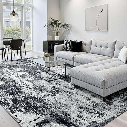 RELEANY Washable Area Rugs 7x10 Non-Slip Modern Abstract Soft for Living Room Entryway Bedroom Nursery, Print Pattern, Black Navy Blue Gray