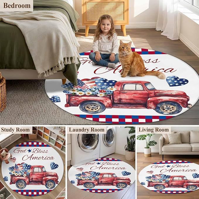 Red Truck USA Flag Stars Large Round Rug 7Ft, God Bless America Circle Area Rugs Washable Non Slip Indoor Floor Mats Carpet for Living Room Bedroom Dining Room Home Decor