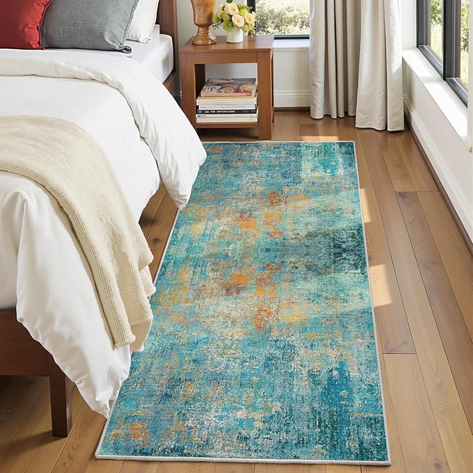 RELEANY Washable Area Rugs 2'x8' Non-Slip Modern Abstract Soft for Living Room Entryway Bedroom Nursery, Print Pattern, Teal Blue Green Orange Rust Red Coloreful