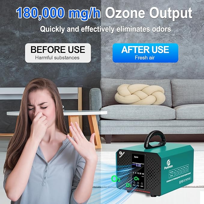 Smart Ozone Generator 180,000 mg/h Ozone Machine with Digital Timer & Dual Mode, Ozone Odor Eliminator for Cars, Home, Basements, Rooms, Kitchens, Smoke, Pet, Farm, Musty Smells